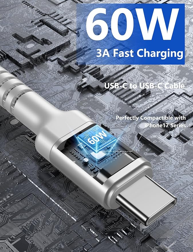 USB C to C Cable 3A Fast Charging [2 Pack, 6FT] USB Type C Cable Upgraded Extra Durable Braided USBC Cord iPhone USB C Charger for iPhone 17/16/15/Pro Max/Samsung Galaxy S23/LG and More-Silver