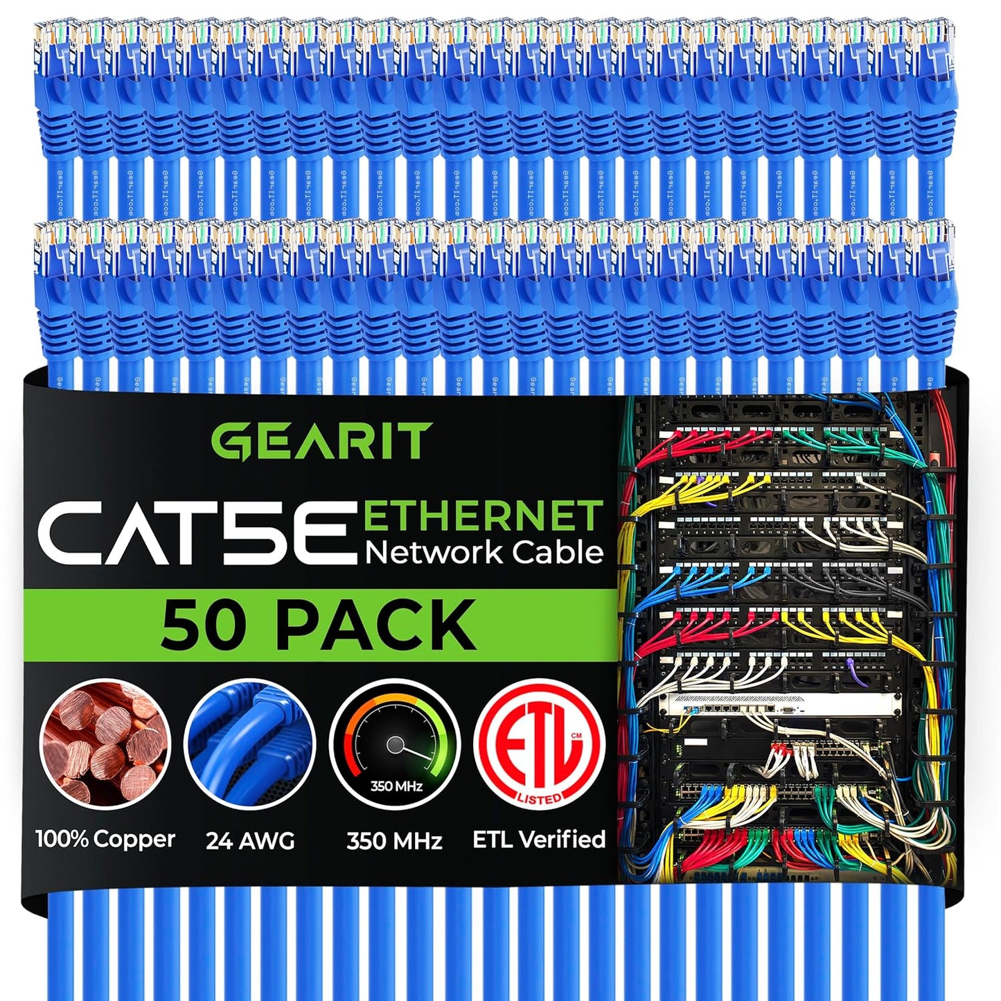 GearIT 50-Pack, Cat5e Ethernet Patch Cable 2 Feet - Snagless RJ45 Computer LAN Network Cord, Blue - Compatible with 48 Port Switch POE Rackmount 48port Gigabit