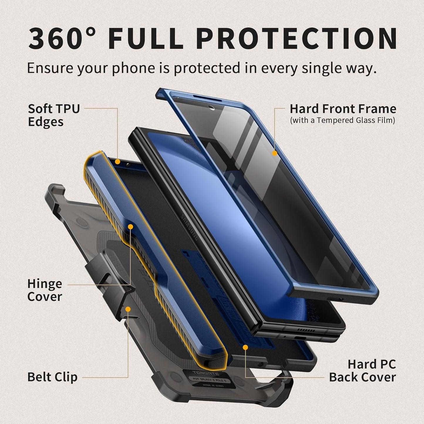 TONGATE for Z Fold 5 Case, [with S Pen Slot & Hinge Protection] [Privacy Glass Screen Protector] Full-Body Military Drop Phone Case for Samsung Galaxy Z Fold 5 with Kickstand & Belt Clip, Blue