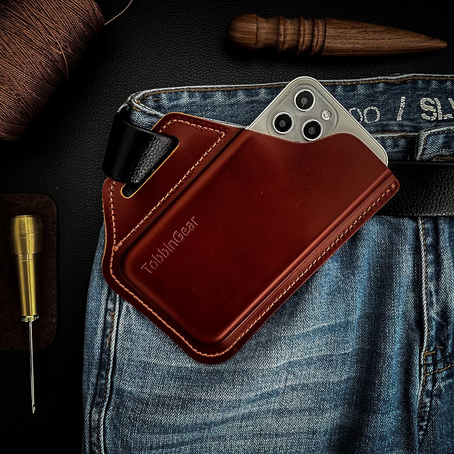 TobbinGear Leather Belt Phone Pouch, Leather Cell Phone Holster, Universal Phone Case with Belt Loops, for Men and Women Coffee