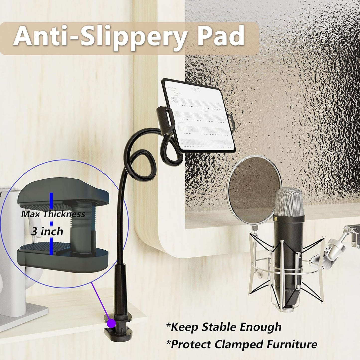 Tablet Stand Holder, Mount Holder Clip with Grip Flexible Long Arm Gooseneck Compatible with ipad iPhone/Nintendo Switch/Samsung Galaxy Tabs/Amazon Kindle Fire HD - Black