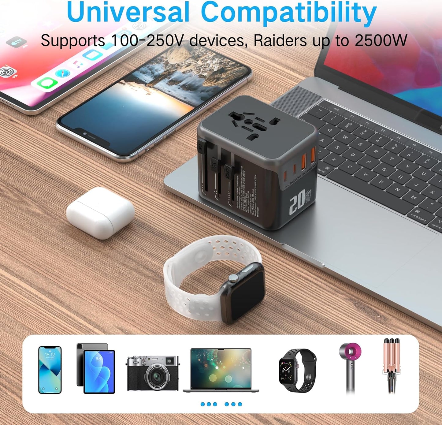 Universal Travel Adapter,adaptador de enchufe de pared internacional de CA de 20 W,cargador de viaje de 2 puertos USB C y 2 puertos USB para EE.UU.UE Reino Unido y Australia