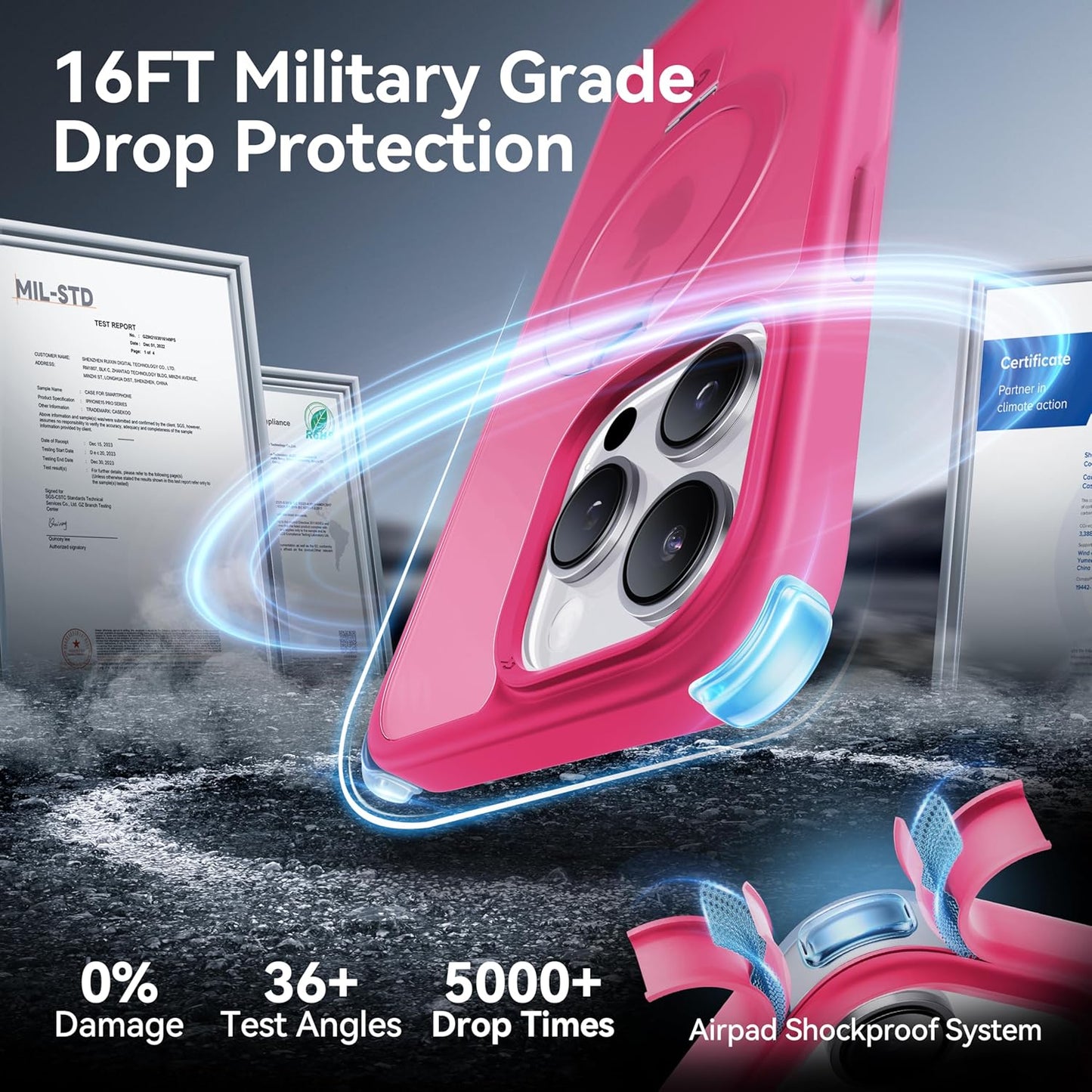 CASEKOO Designed for iPhone 14 Pro Case with Magnetic Invisible Stand [Military Drop Protection] [Compatible with MagSafe] Shockproof Slim Matte Translucent Pro Case 6.1 Inch, Hot Pink