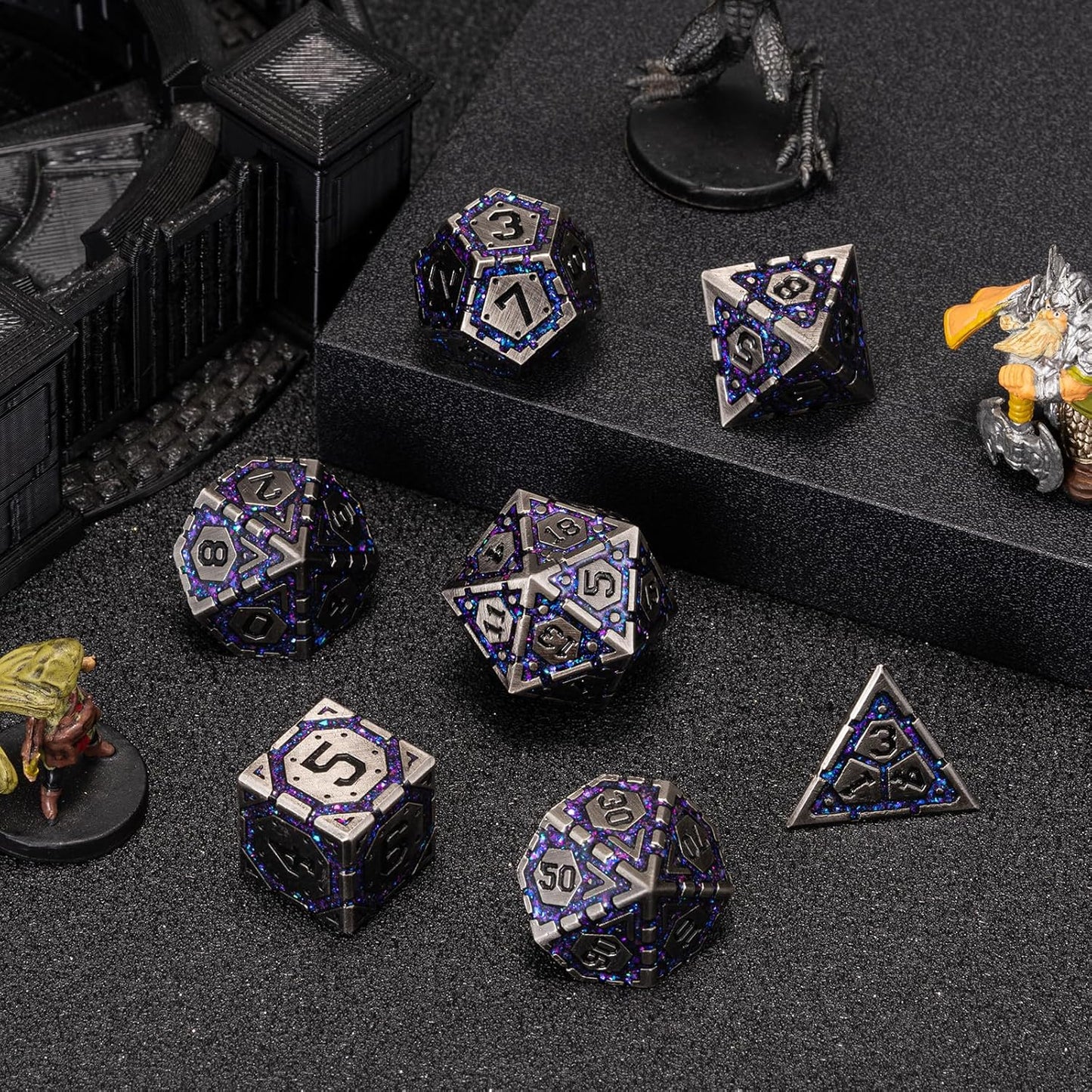 Metal D&D Dice Set, Polyhedral Metallic Dice with Cracks for Dungeons and Dragons RPG TTRPG DND 7-Die Set with Gift Case