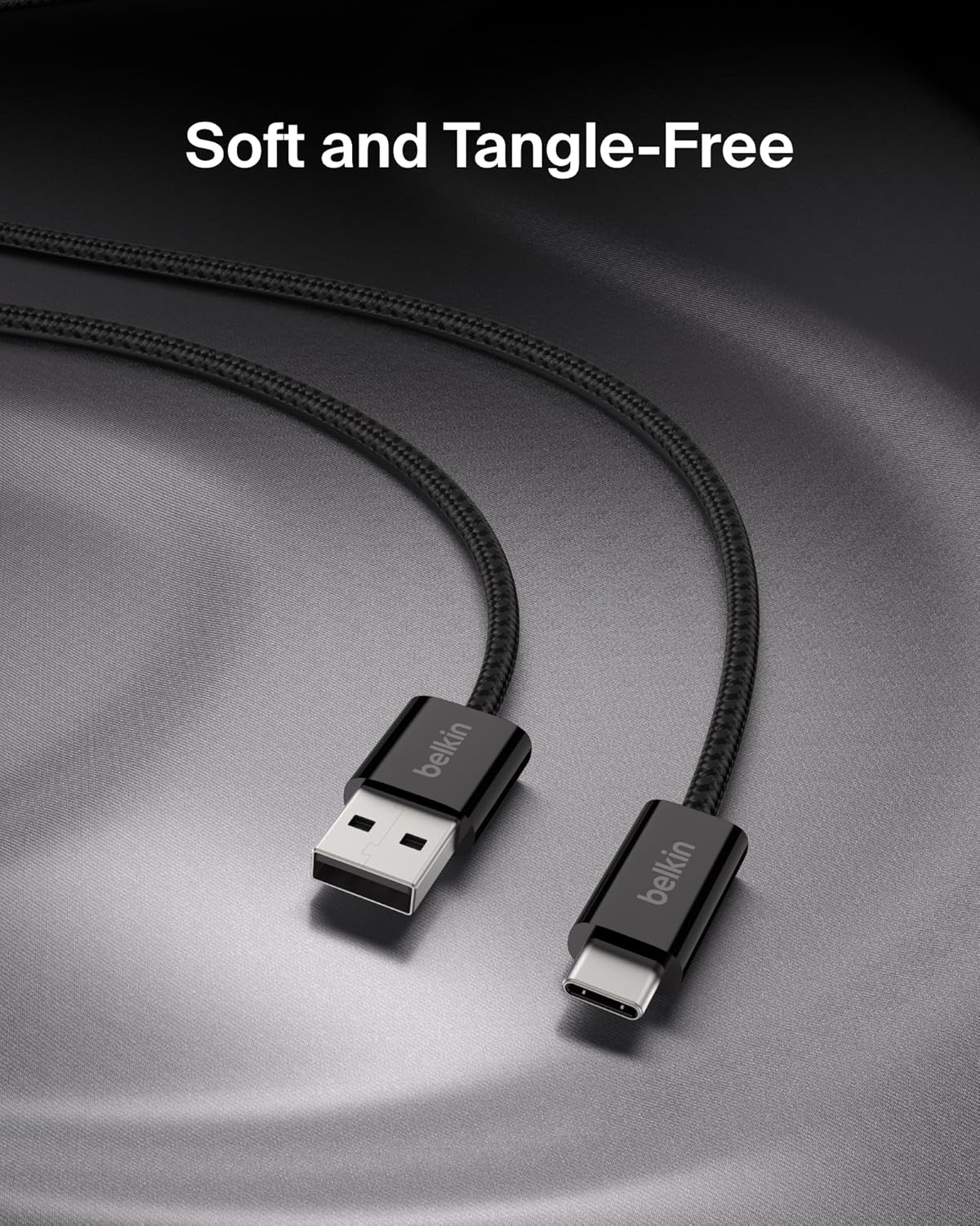 Belkin USB A to USB C Cable, 6.6ft, 15W - Type C Charger, iPhone Charger Cord, Soft, Braided, Flexible for iPhone 16 & 15, Galaxy S25, Pixel 9, iPad Pro, Airpods Pro, Switch & More - Black