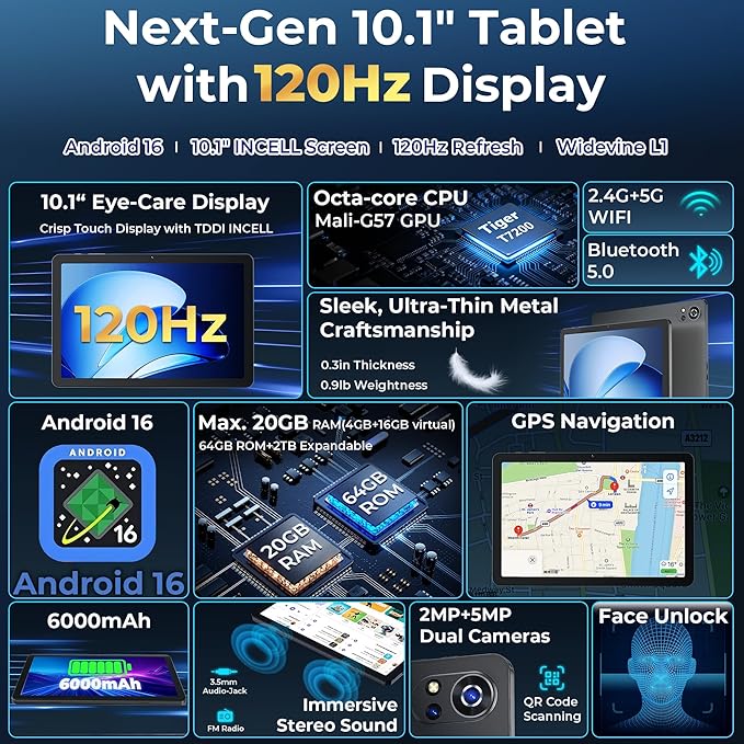 Android 16 Tablet,10 Inch IPS 120Hz Smooth Display,20GB+64GB+2TB Expandable, Octa-Core CPU,6000mAh Battery, Dual-Band WiFi, GPS,Face ID,Kids Tablets with Parent Control,Computer Tablet with Case,Grey