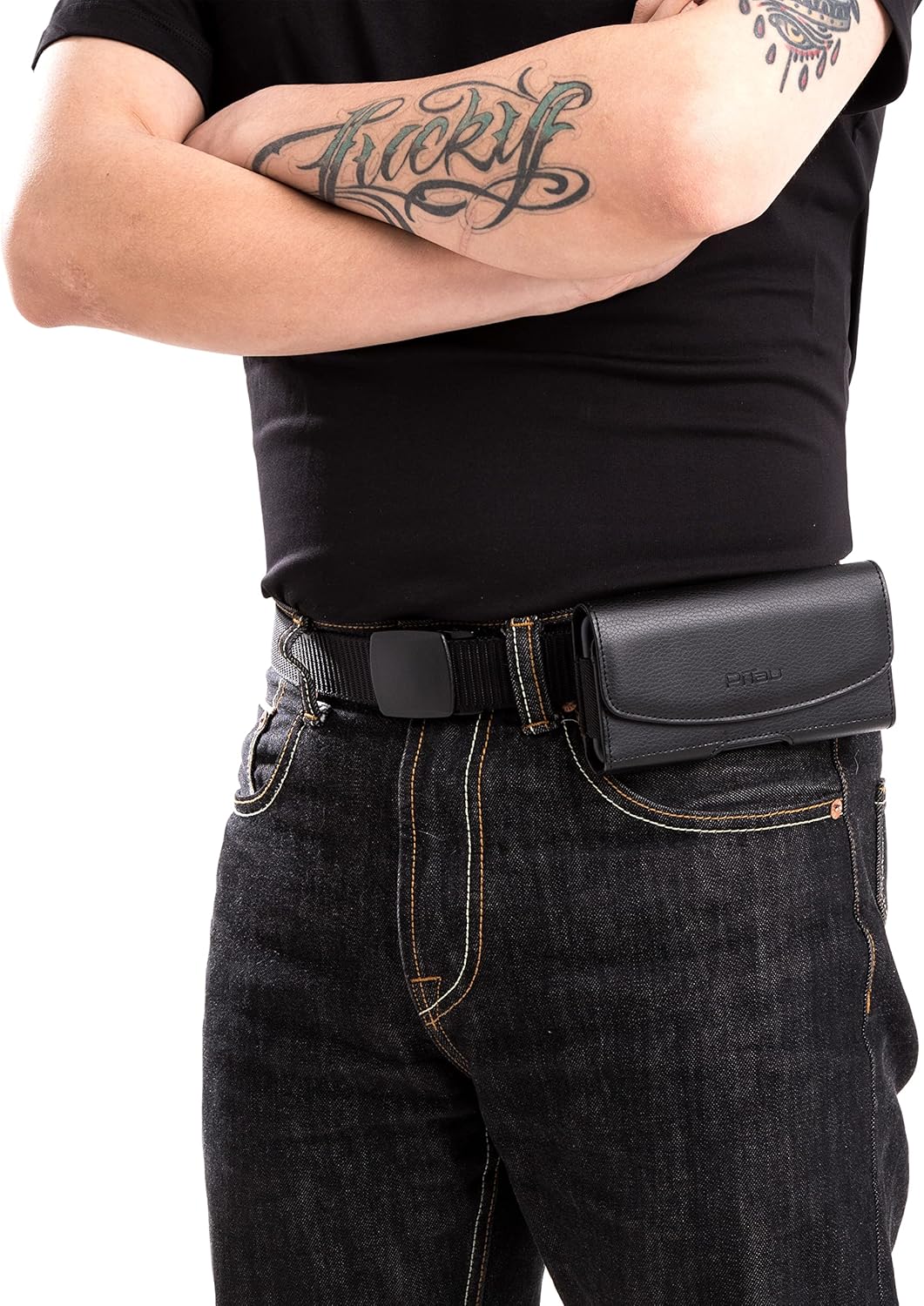 PiTau Holster for iPhone Pro Max & Plus 16, 15, 14, 13, 12, 11, 8, 7, 6, 6s, Xs Max, Cell Phone Case with Belt Clip ID Card Holder for Samsung Galaxy S25+ Note 10+, Fits with Otterbox, Black Large