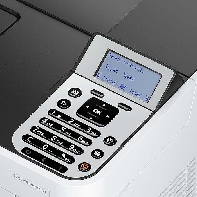 KYOCERA ECOSYS PA4500x Monochrome Laser Printer, 47 ppm, 600 x 600 dpi and Up to Fine 1200 dpi, 600 Sheet Tray, 100 Sheet MPT, Duplex, 5 Line LCD w/Hard Key Panel, Gigabit Ethernet, USB, 512 MB