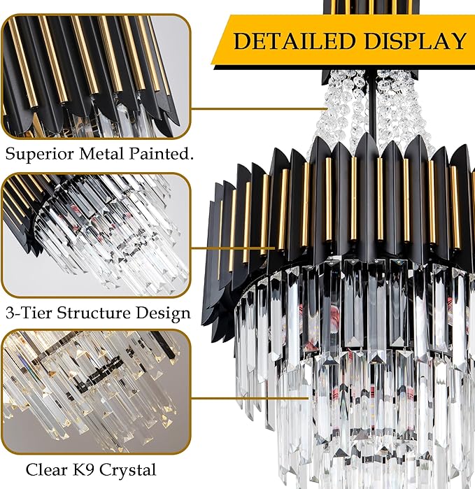 Crystal Chandelier Light 15.8" 7-Light K9 Crystal Pendant Lighting 3-Tier Black Gold Luxury Hanging Light Fixture for Dining Room Living Room Kitchen Bedroom Stairway