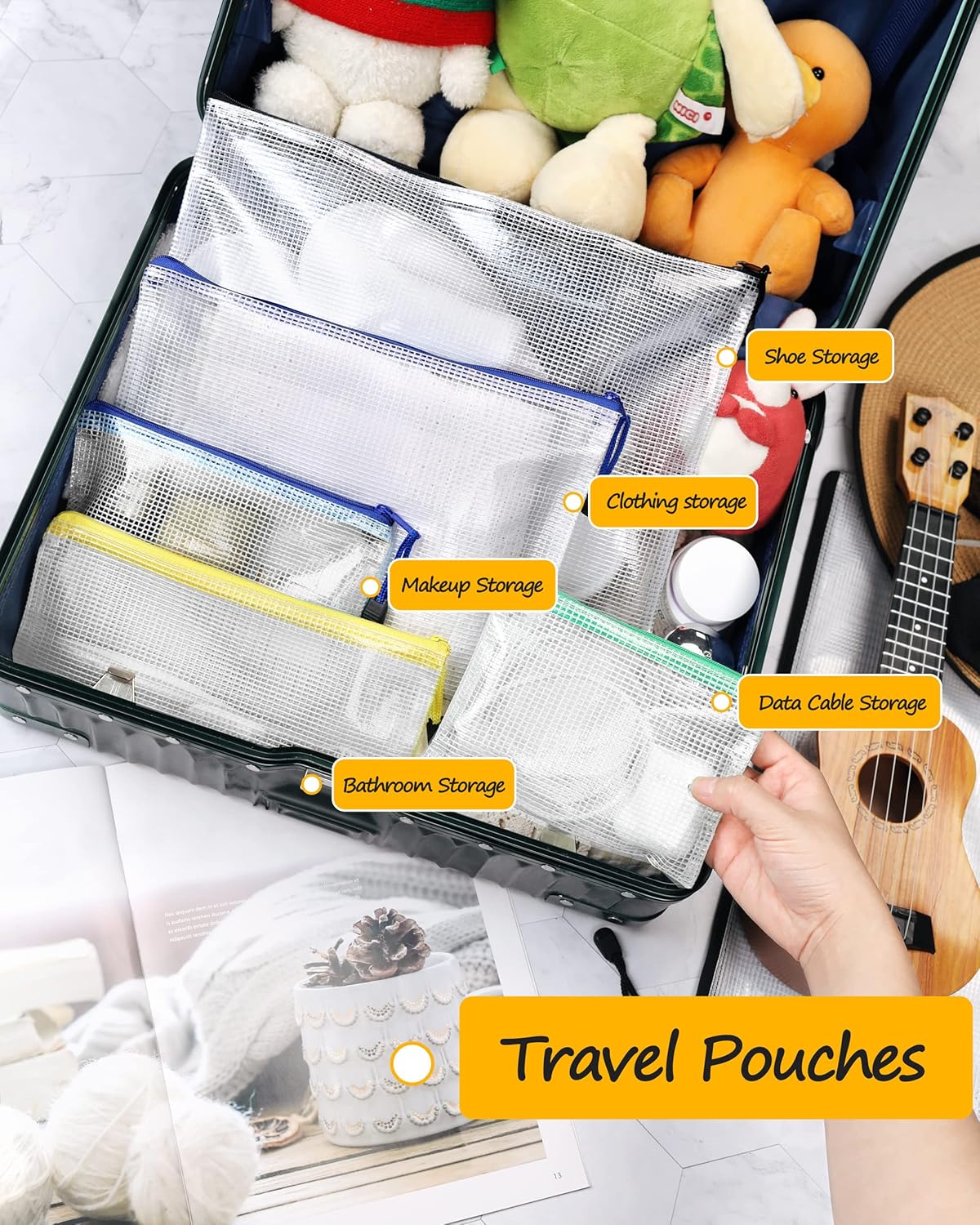 SUNEE 12pcs Mesh Zipper Pouch 11x16, Large Storage Bags for Board Game & Puzzle Organizing, Reusable Plastic Zip Organizer for Travel (A3, 6 Colors)