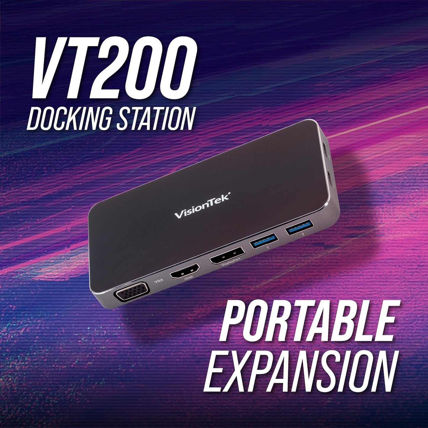 VisionTek VT200 Portable USB-C Dual Monitor Hub - 1x DP, 1x HDMI, 1x VGA, 2X USB-A Ports, 1x USB-C for Windows/MacOS/ChromeOS/iOS