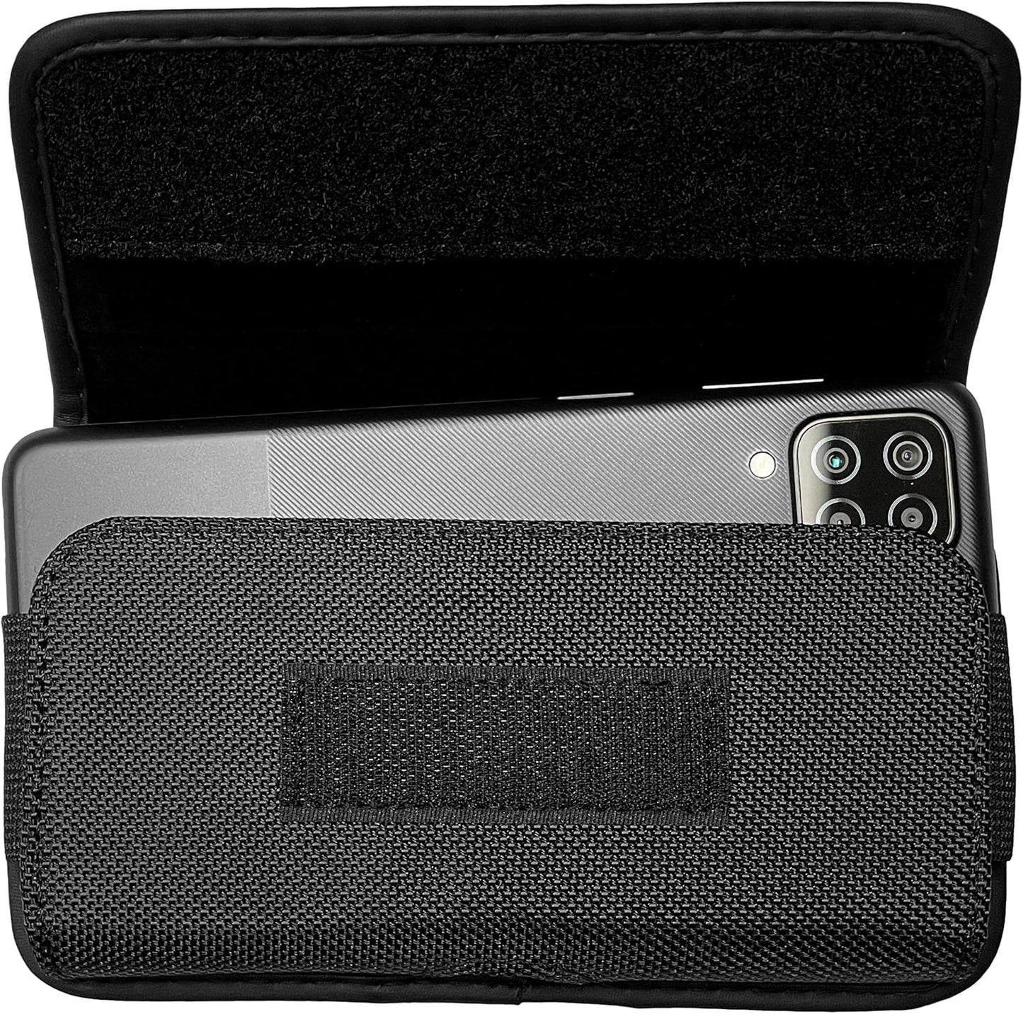Nylon Cell Phone Holster for Google Pixel 5, Alcatel Insight, Tetra, Verso, Samsung Galaxy S10e, J3, LG Aristo 3/2 - Horizontal Case Canvas Waist Carrying Pouch with Belt Clip/Loops, Black