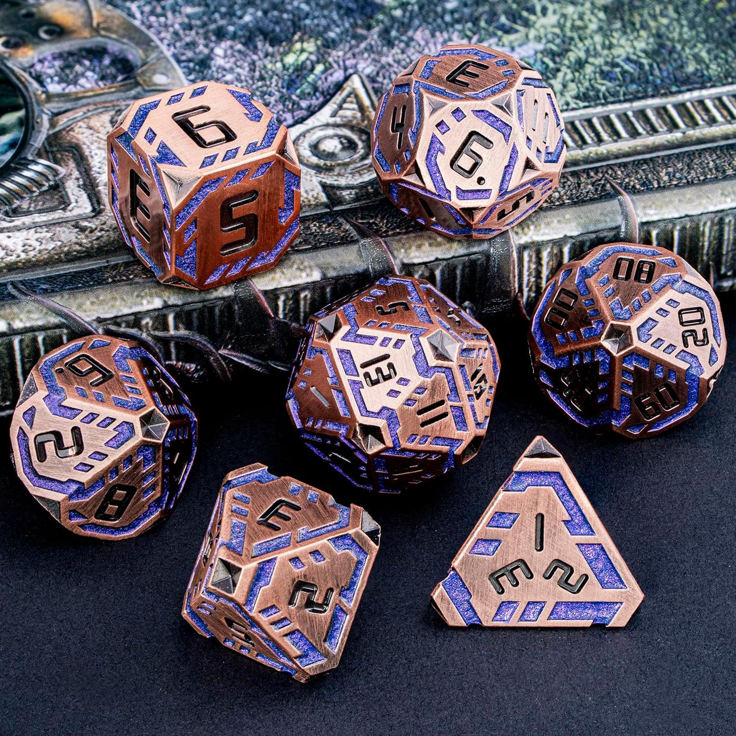 Metal DND Sci-fi Dice Set 7PCS Stripe Polyhedral Dice for Dungeons Dragons RPG Role Playing Game, Glitter D and D Dice with Gift Box D6 D8 D10 D12 D20 (Ancient Bronze&Purple)