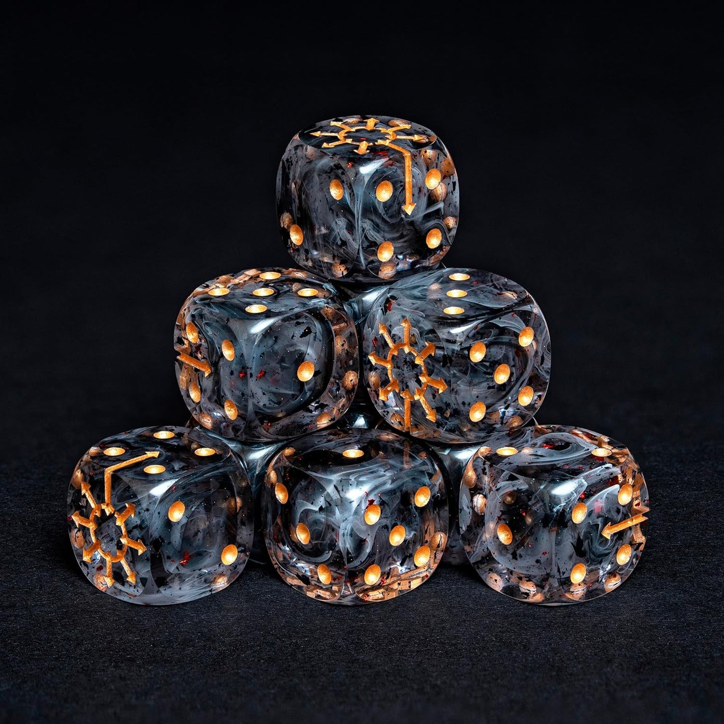 Chaos D6 Dice Set – 10 x 16mm Resin Dice with Chaos Star | Red Foil, Black Swirls & Ancient Symbol | Grimdark Dice for Wargames & TTRPGs