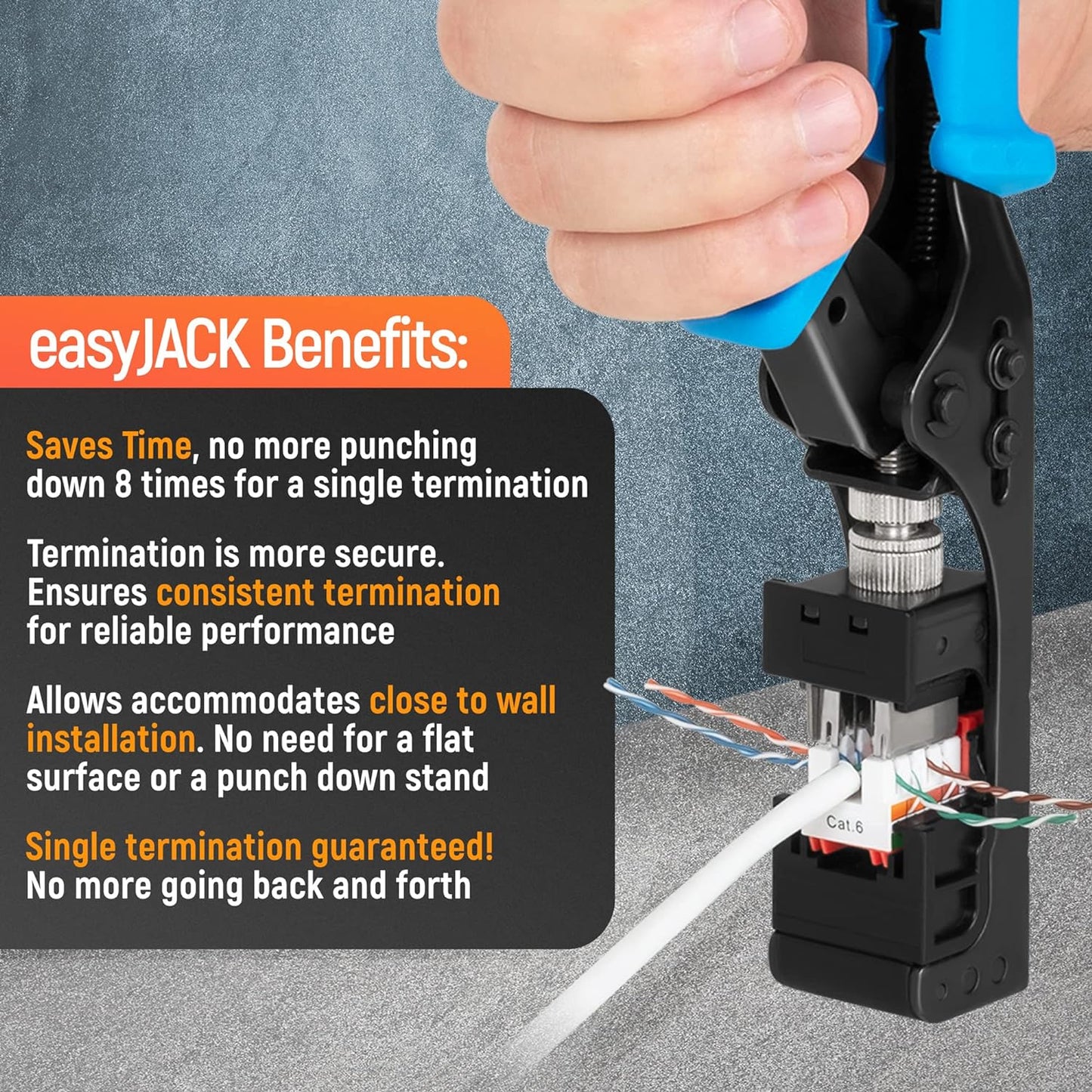 Everest easyJACK - 90° Angled Speed Termination Keystone Tool Set - with 20-Pack of RJ45 Cat6 Keystone Jacks in Orange (Slim Profile Design) - Time Saver Network Punch Down Tool Cat6