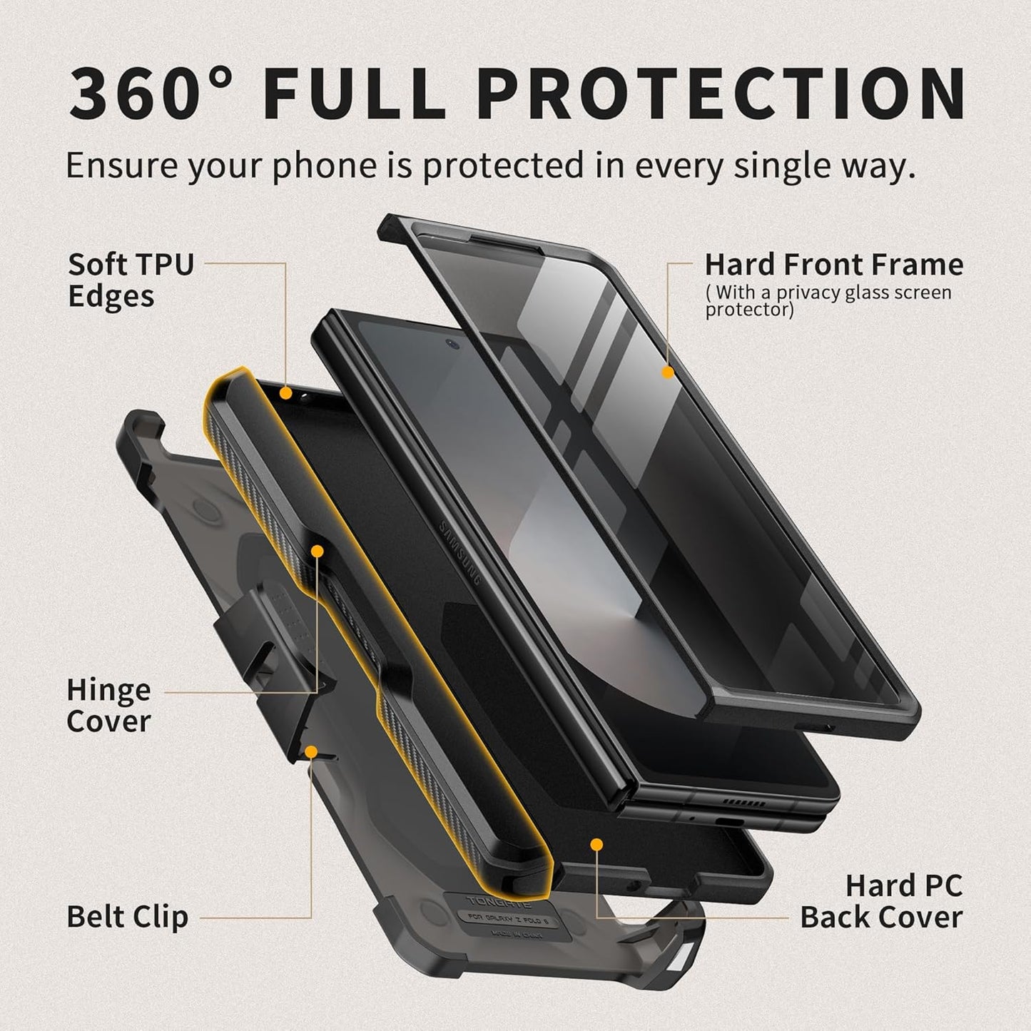 TONGATE for Z Fold 6 Case with Ring Stand, Built-in S Pen Holder & Glass Screen Protector Shockproof Rugged Z6 Phone Case with Slide Camera Cover & Belt Clip for Samsung Galaxy Z Fold 6 2024, Black