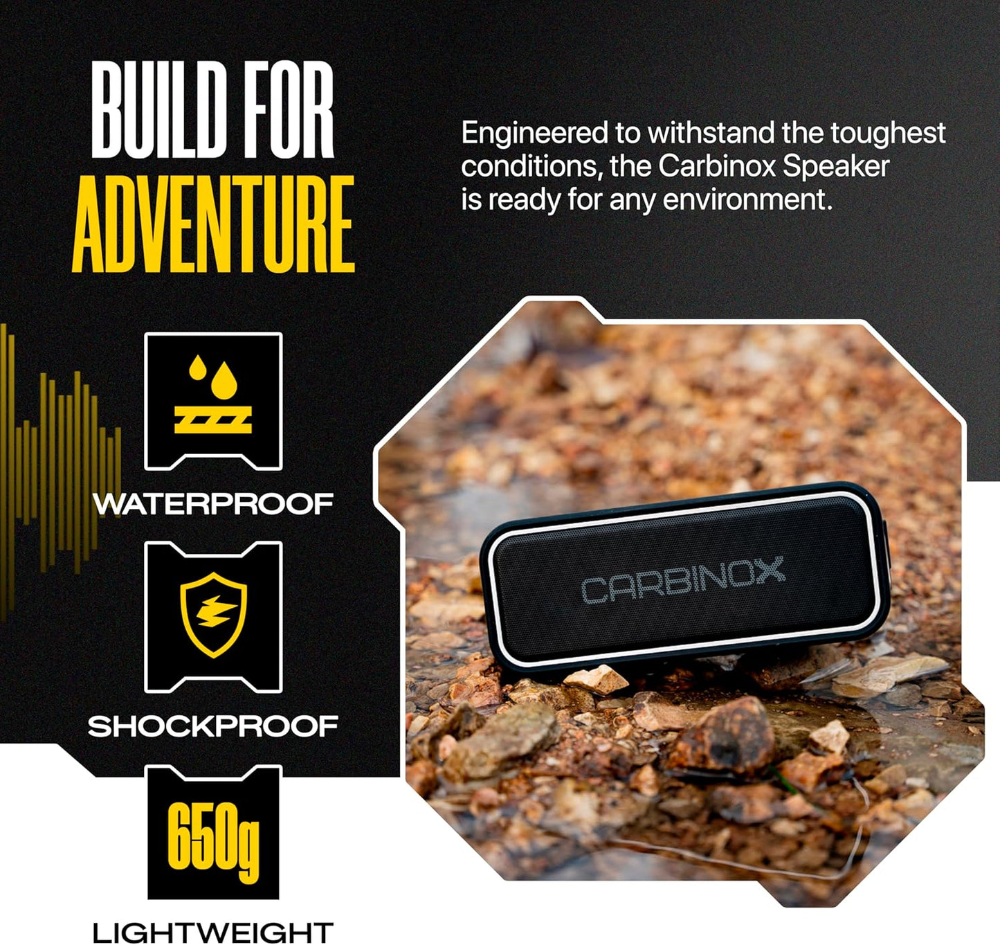 CARBINOX Portable Bluetooth Speaker with IPX7 Waterproof, Type-C Fast Charging, 3D Surround Sound, 18m Range, Black