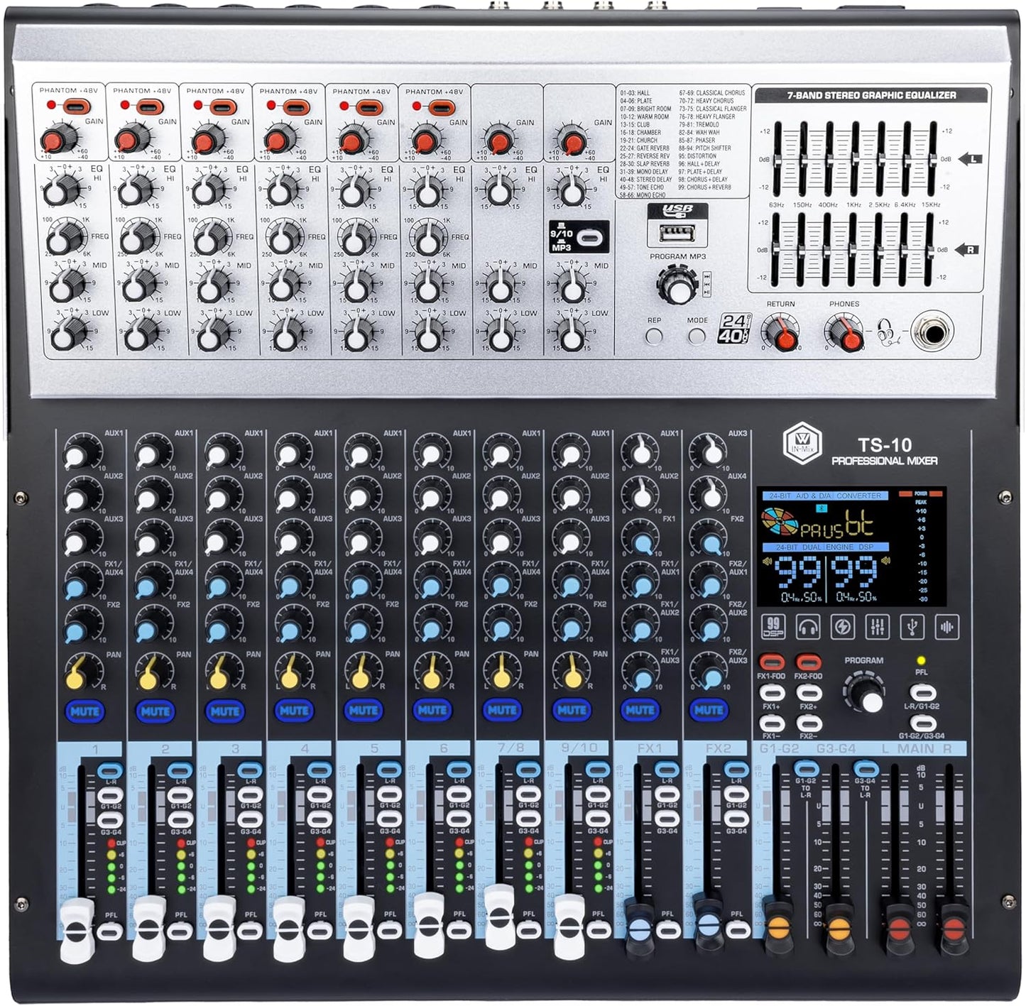 W IN-MIX Professional DJ Audio Mixer,10 Channel with 99DSP Digital Effects, MP3 Player, 48V Phantom Power with Independent Mute Switches Audio Console For Studio & Stage