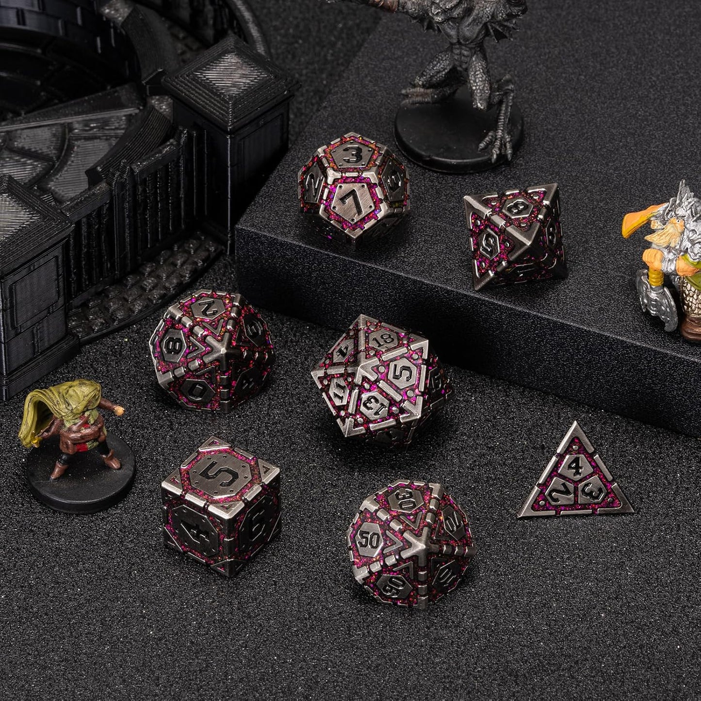 Metal DND Dice Set, Polyhedral Metallic Dice with Cracks for Dungeons and Dragons RPG TTRPG D&D 7-Die Set with Gift Case