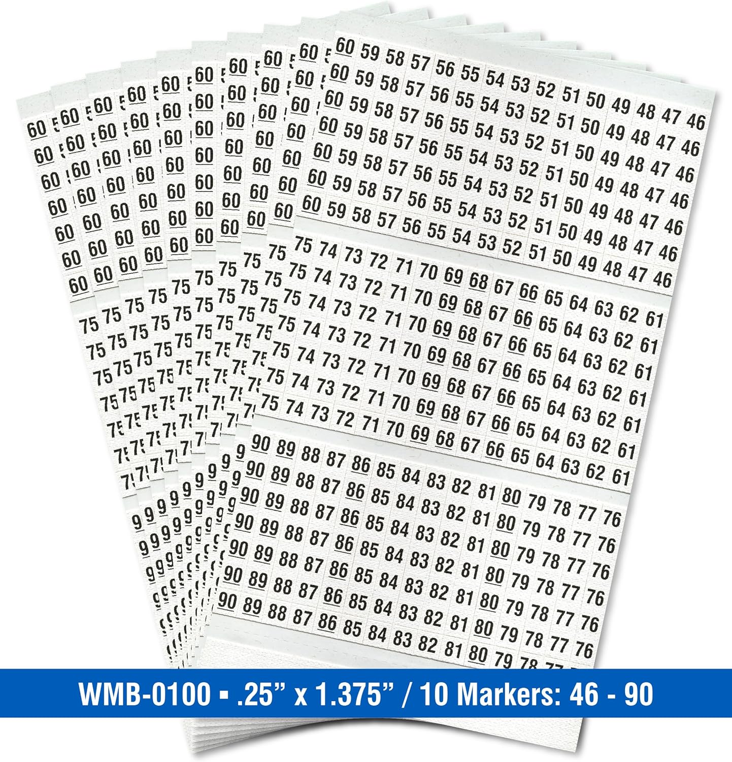 Premium Wire Marker Book for Cable Management, Vinyl-Coated, High-Tack Adhesive, Electric Panel Wire Label Stickers - 10 Pages, 1 Book, Numbered 46-90 (Pack of 5)