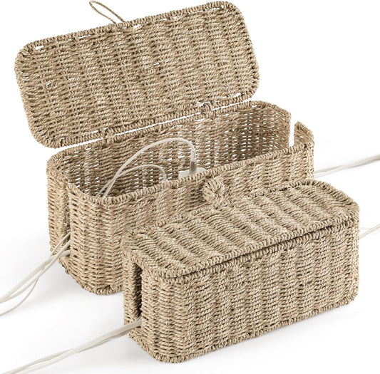 2-Pack Large Cable Management Box, Natural Rattan Cable Cord Organizer Boxes for Power Strip – 2 Open Slots Cords Hider Box for TV Wires, Computer, Router, USB Hub and Under Desk Power Strip