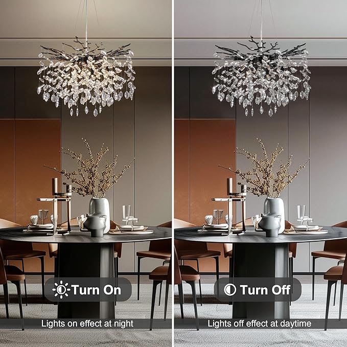 YUYI 23.6" Black Chandelier, 8-Light Modern Crystal Tree Branch Chandelier for Dining Room, Contemporary Luxury Round Raindrop Pendant Light Fixture for Living Room, Foyer, Entryway, Kitchen, Bedroom