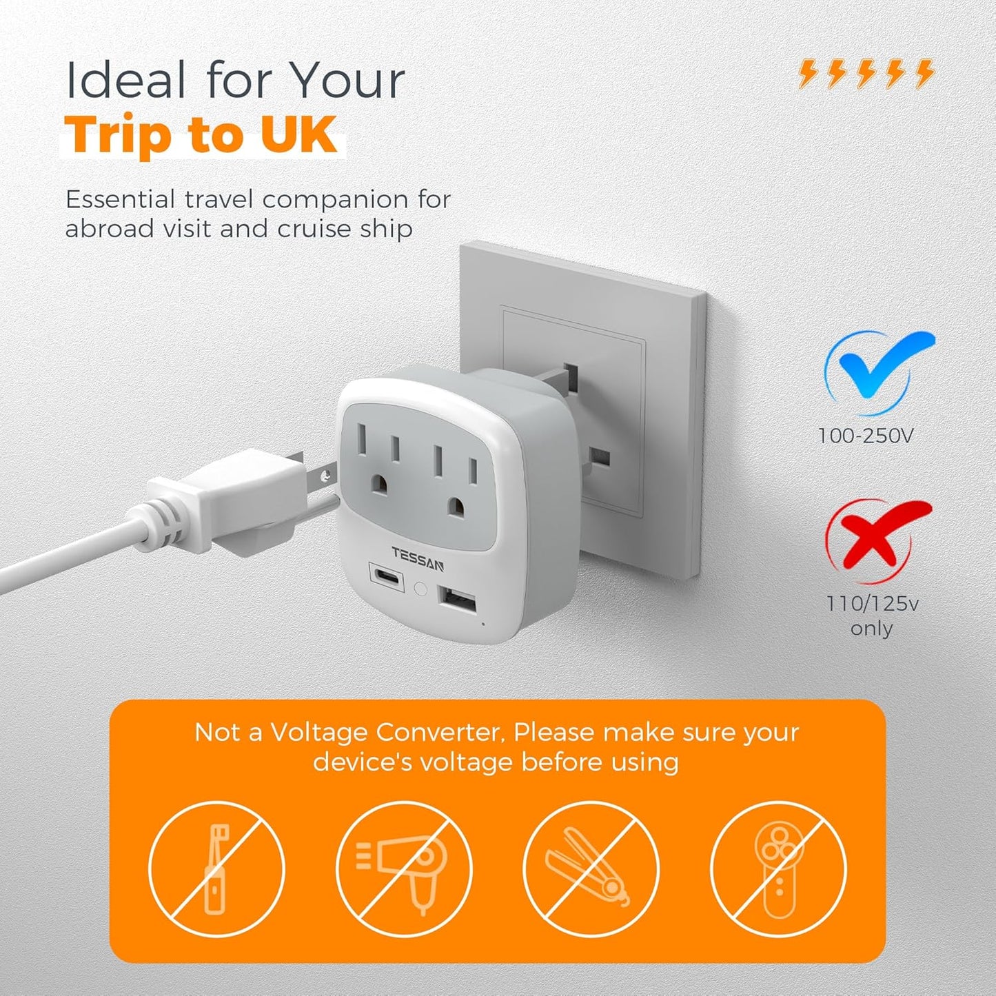 US to UK Plug Adapter, TESSAN Type G Travel Adaptor with 2 Electrical Outlets 2 USB Ports (1 USB C), Ireland Power Adapter for USA to England London Scotland British Dubai Kenya Hong Kong Qatar