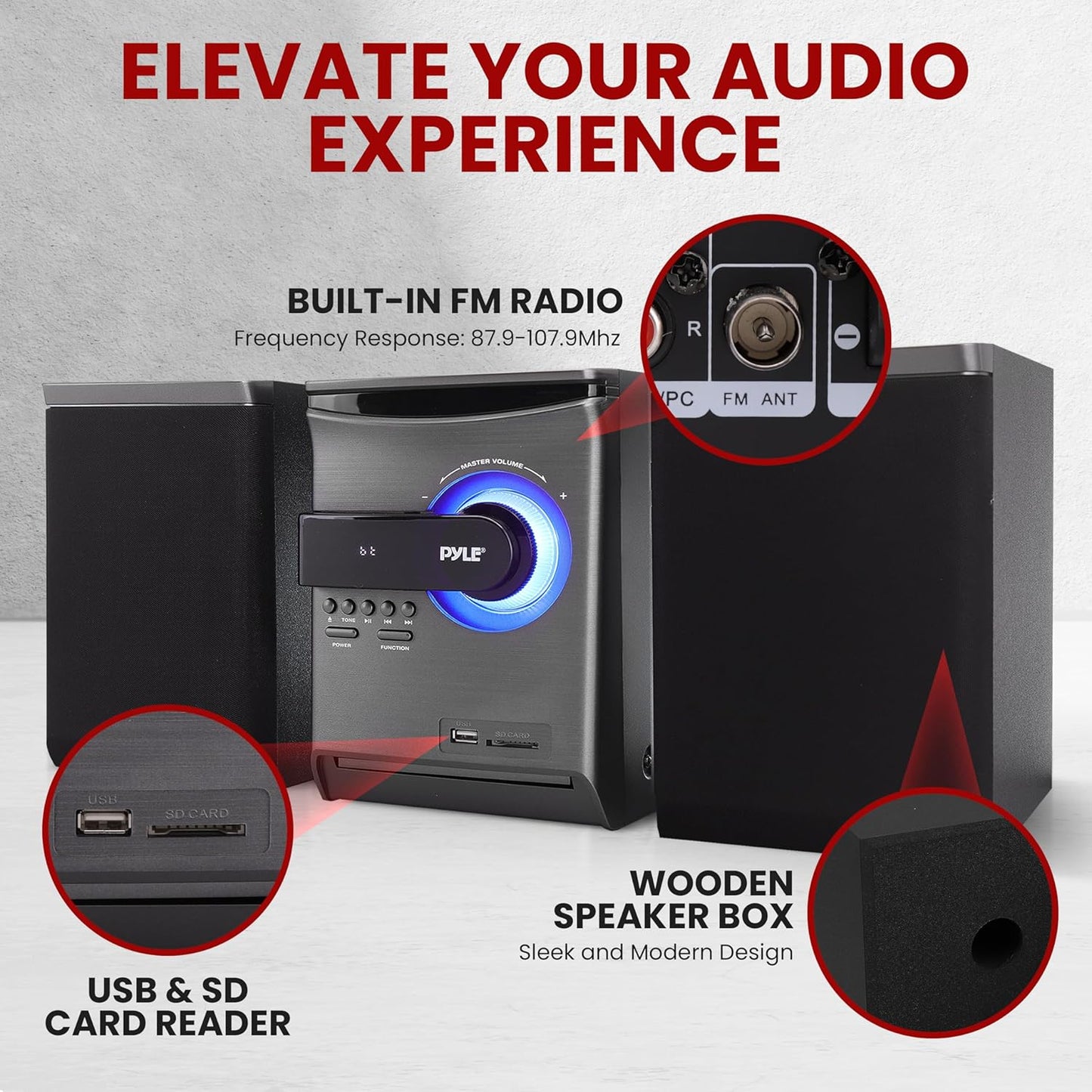 Pyle Home Stereo Shelf System - 30W Wireless BT Streaming with CD Player, FM Radio, USB & SD Card Playback, 2-Way Music Crisp-Sound, Remote Control, Dual Stereo Speakers (Black), PHSKR24