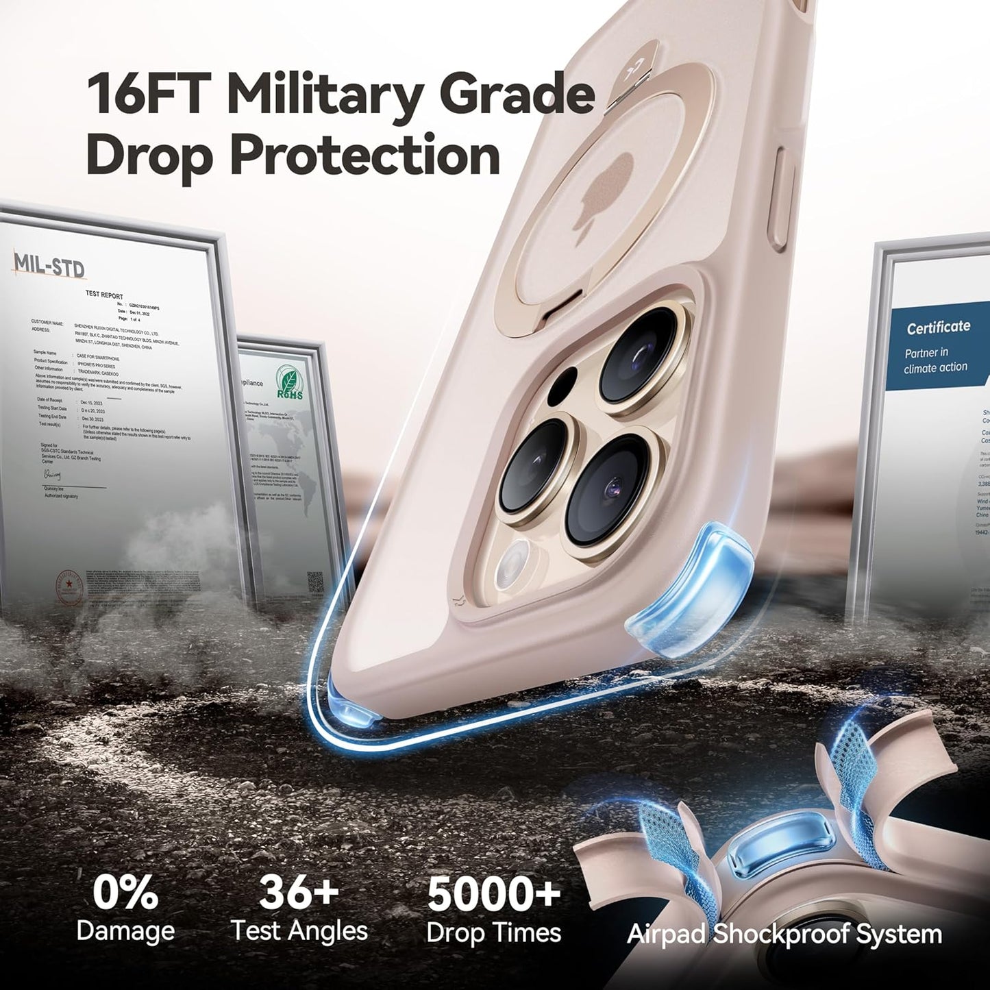 CASEKOO Designed for iPhone 16 Pro Case with Magnetic Invisible Stand [Military Drop Protection] [Compatible with MagSafe] Shockproof Slim Matte Translucent Case 6.3 Inch, Desert Gold