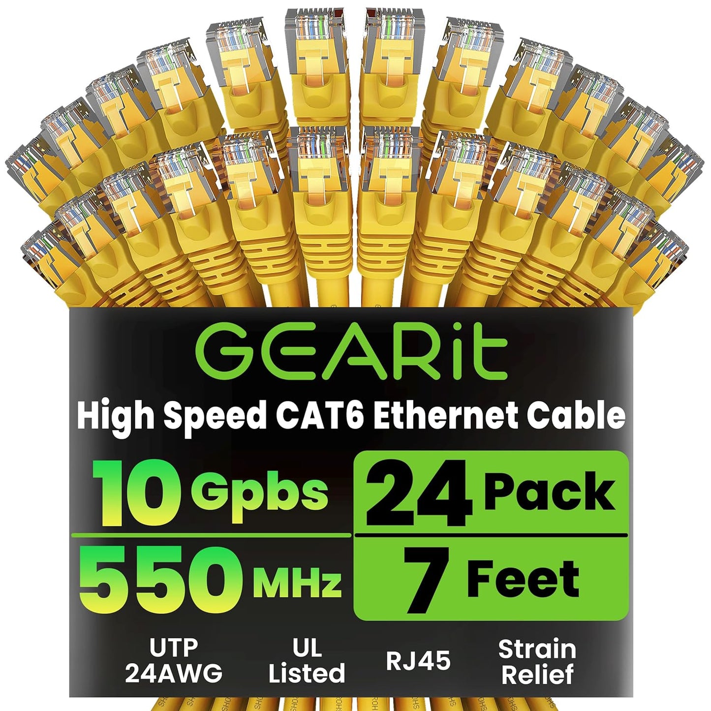 GearIT Cat 6 Ethernet Cable (24-Pack 7 Feet) Cat6 Network Patch, 10Gbps, RJ45, Snagless Cord, Gold-Plated Connectors, Internet for PC, TV, Tablet, Router, Printer, Servers, IT Data Center - Yellow