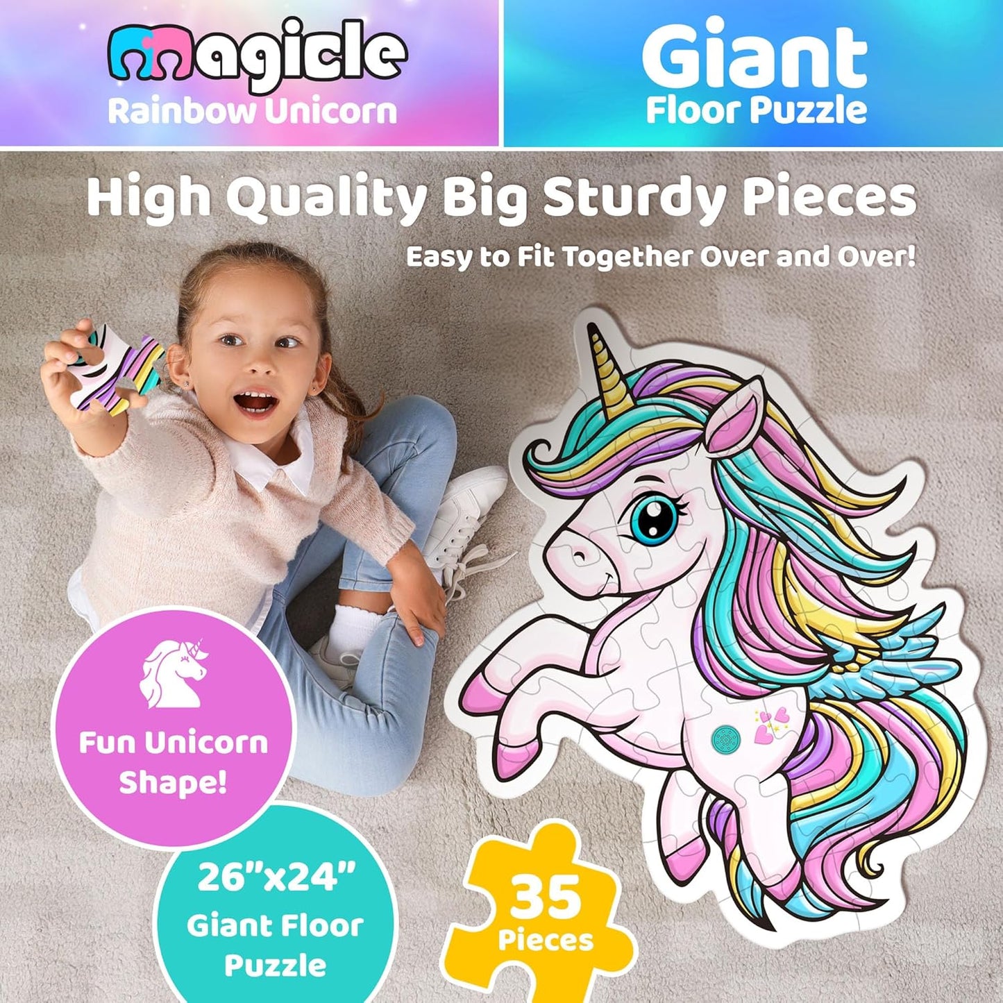 Rainbow Unicorn Giant Floor Puzzle with Sounds, 35 Piece Extra Thick Puzzles, Unicorn Toys for Girls Age 4-6, Floor Puzzles for Kids Ages 3-5 and 6 Year Old Gifts