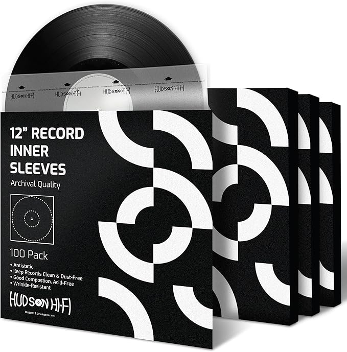 Hudson Hi-Fi Anti-Static Vinyl Record Inner Sleeves 100 Pack - Durable Clear Disc Sleeves- Protect Your LP Albums from Scratches, Dust & Dirt - Acid-Free Rice Paper Interior Disc Covers