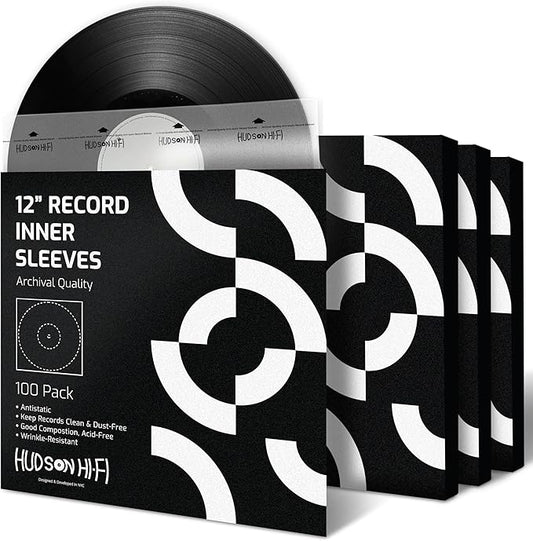 Hudson Hi-Fi Anti-Static Vinyl Record Inner Sleeves 100 Pack - Durable Clear Disc Sleeves- Protect Your LP Albums from Scratches, Dust & Dirt - Acid-Free Rice Paper Interior Disc Covers